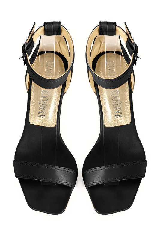 Satin black women's closed back sandals, with a strap around the ankle. Square toe. Medium comma heels. Top view - Florence KOOIJMAN